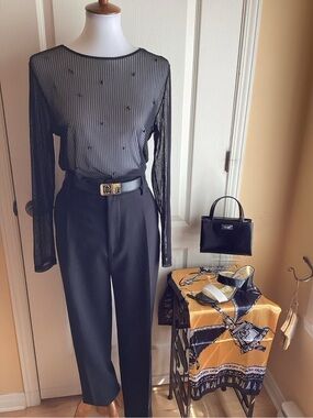 Sheer Black Long-Sleeve Pearl-Accent Blouse